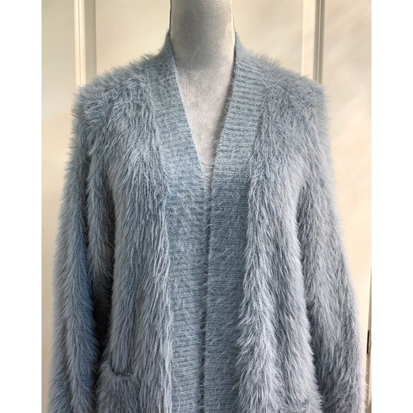 Pinch Dusty Blue Faux Fur Open Front Cardigan Sweater Sz S/M - Picture 2 of 10